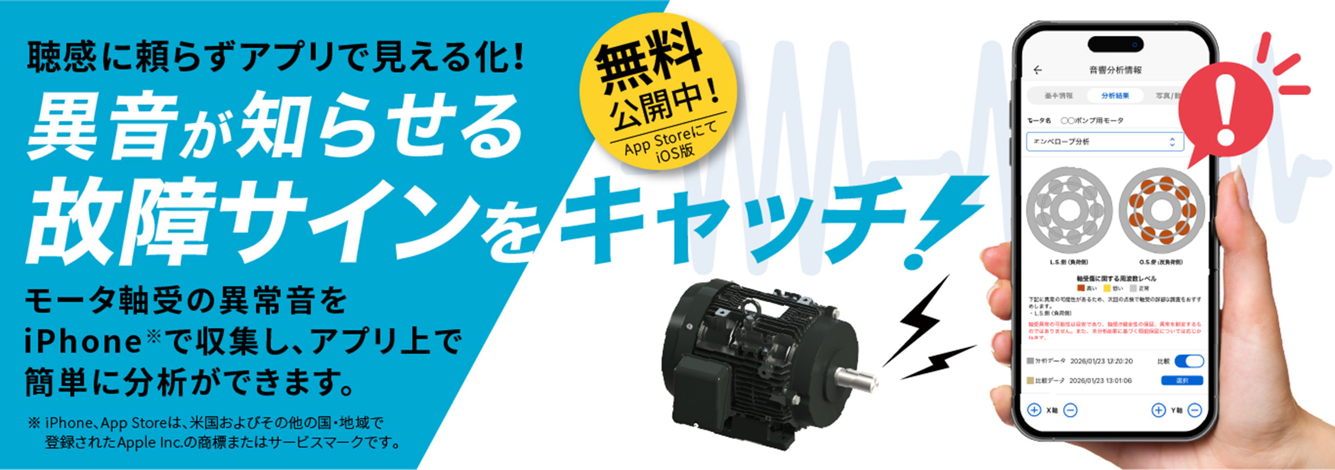 聴感に頼らずアプリで見える化!異音が知らせる故障サインをキャッチ!モータ軸受の異常音をiphoneで収集し、アプリ上で簡単に分析ができます。